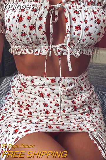 Yipinpay Women Suit Floral Tie Front Crop Short Top & Mini Skirt Set  Summer Suit